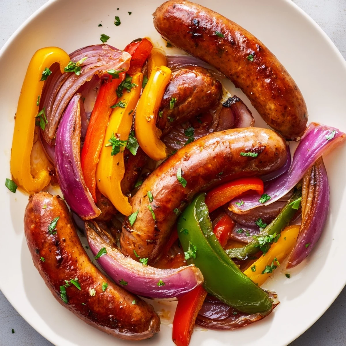 Juicy roasted sausages and colorful peppers on a single sheet pan, garnished with fresh parsley for a rustic family dinner.
