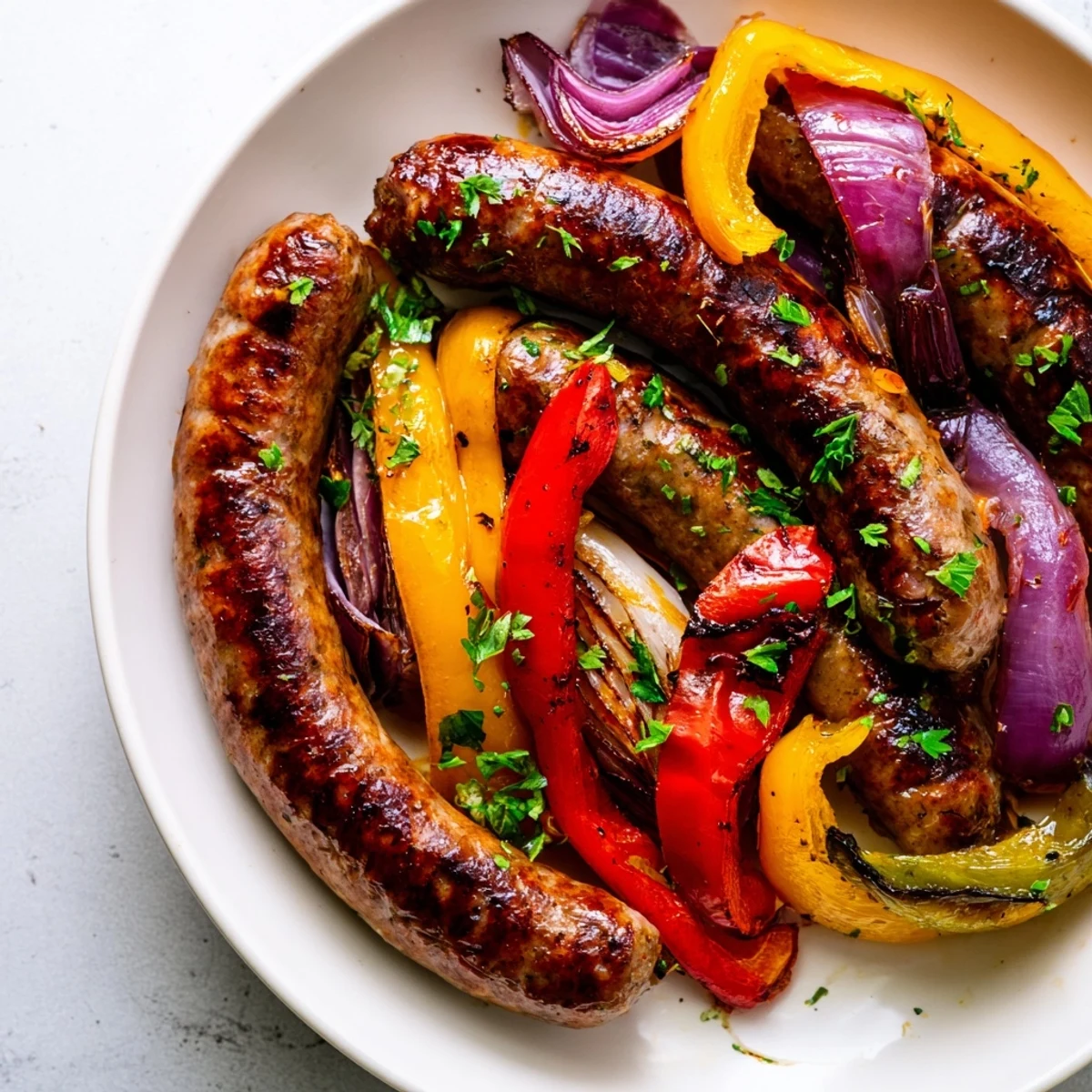 Golden-brown sheet pan sausage and peppers served over creamy polenta, with caramelized onions and herbs on a white ceramic platter.
