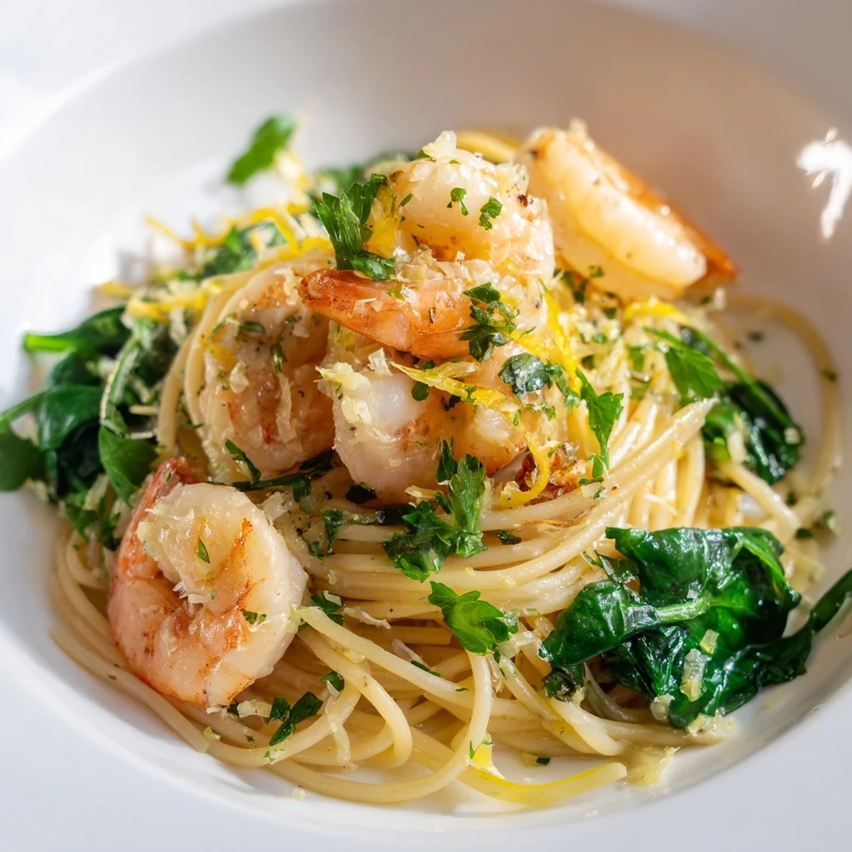 Steaming Lemon Garlic Shrimp Pasta with Spinach tossed in a light sauce and fresh parsley garnish.