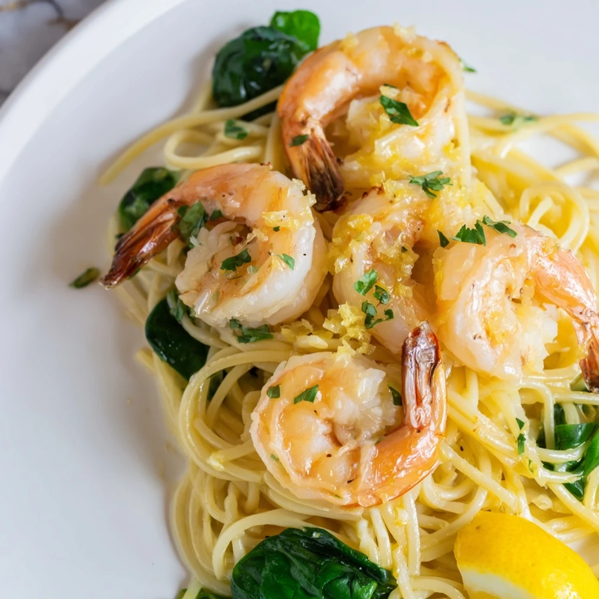 A close-up of Lemon Garlic Shrimp Pasta with Spinach featuring sautéed shrimp, wilted spinach, and garlic butter sauce.