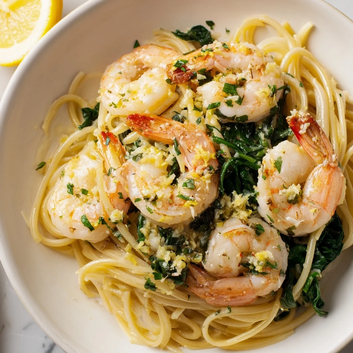 Close view of Lemon Garlic Shrimp Pasta with Spinach plated with lemon wedges and parsley, ready for serving.