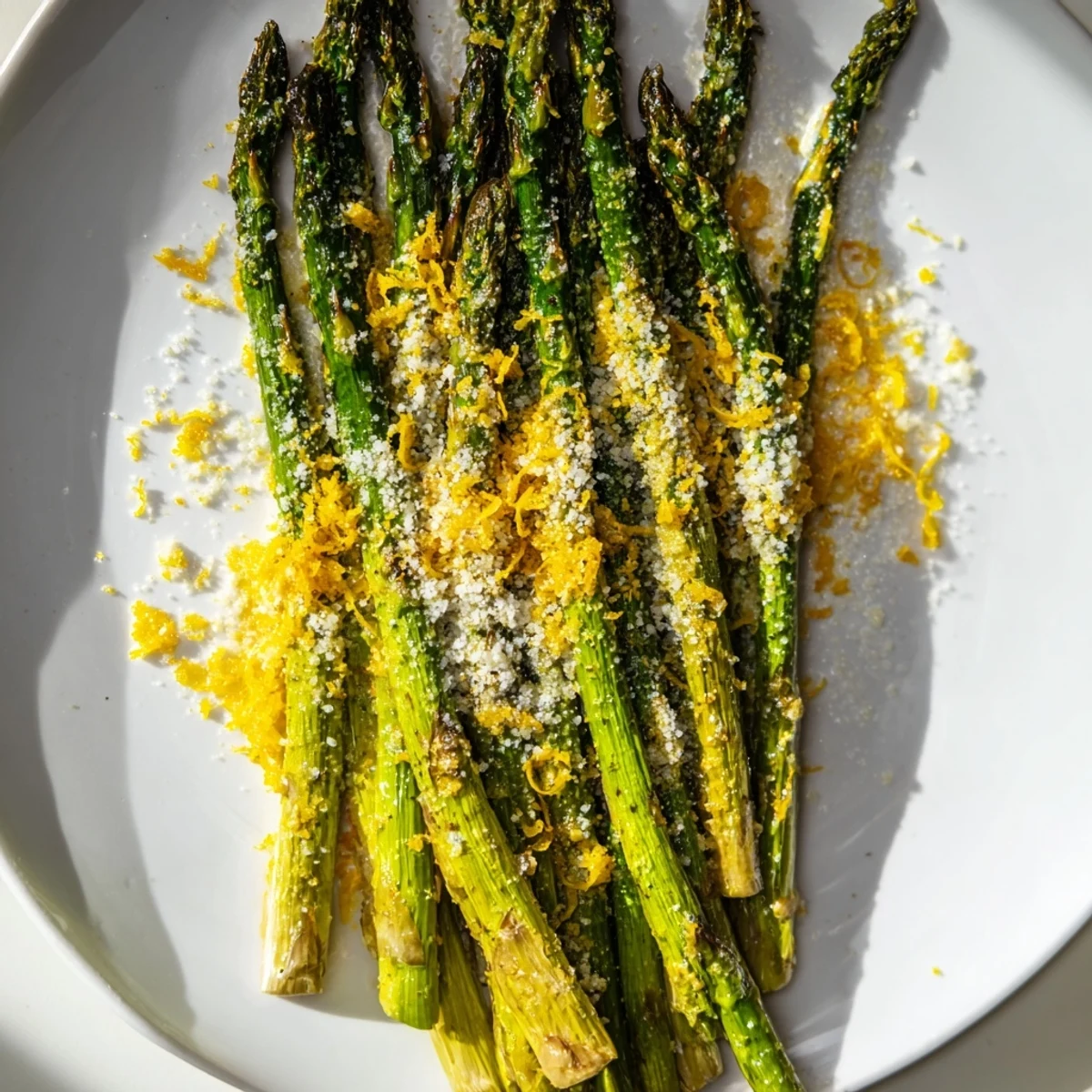 Golden-brown roasted asparagus spears topped with melted Parmesan and fresh lemon zest, served on a white plate.