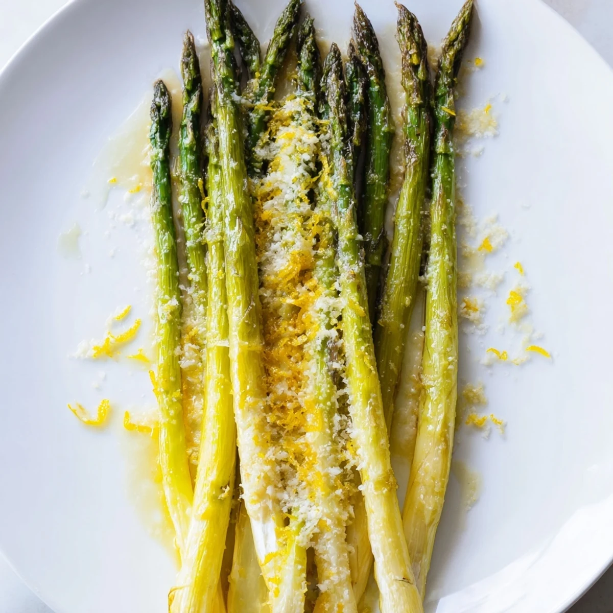 Roasted asparagus with Parmesan and lemon on a baking sheet ready to serve as a savory side.