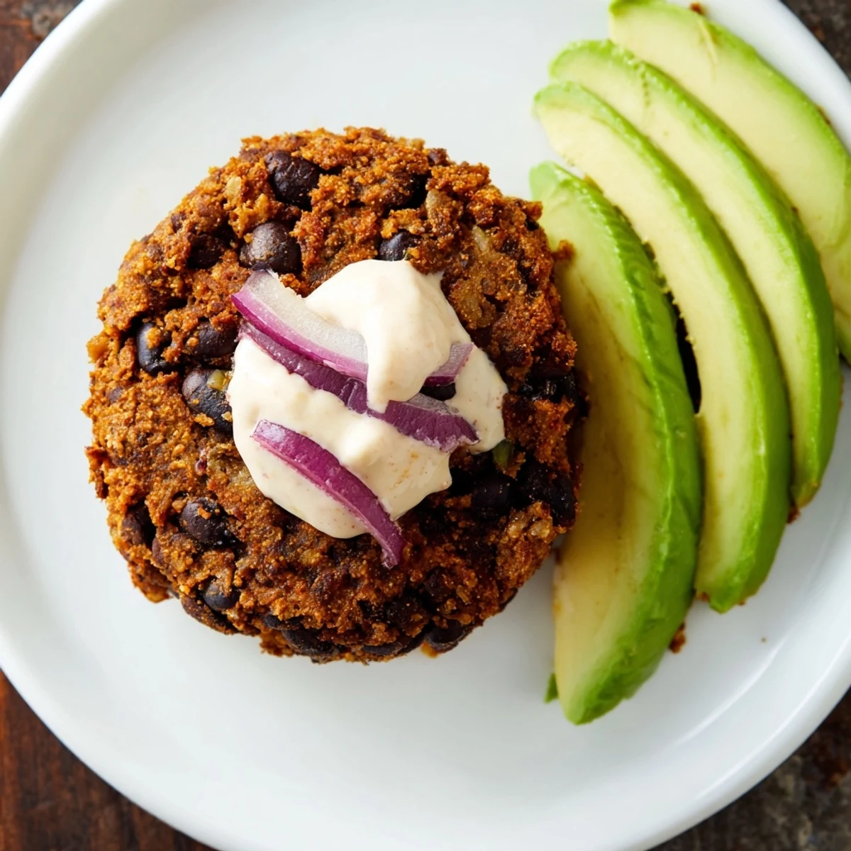 Crispy black bean patty on a toasted bun with creamy chipotle mayo, avocado, and fresh lettuce, perfect for a hearty vegan meal.