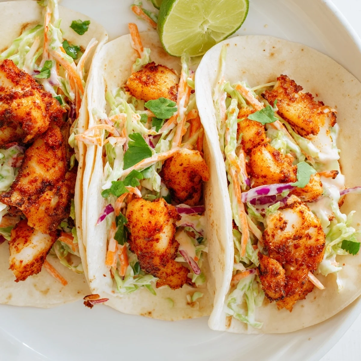 Golden Cajun Spiced Fish Tacos with Slaw in soft tortillas and creamy sauce drizzle.