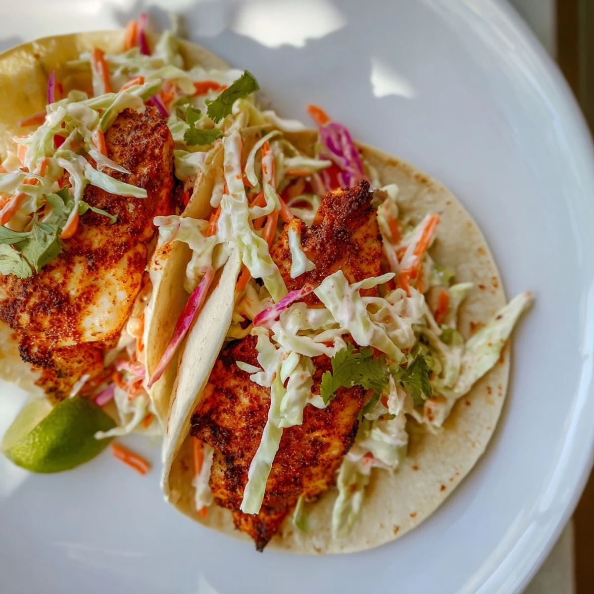 Cajun Spiced Fish Tacos with Slaw served warm with flaky fish and crunchy cabbage.