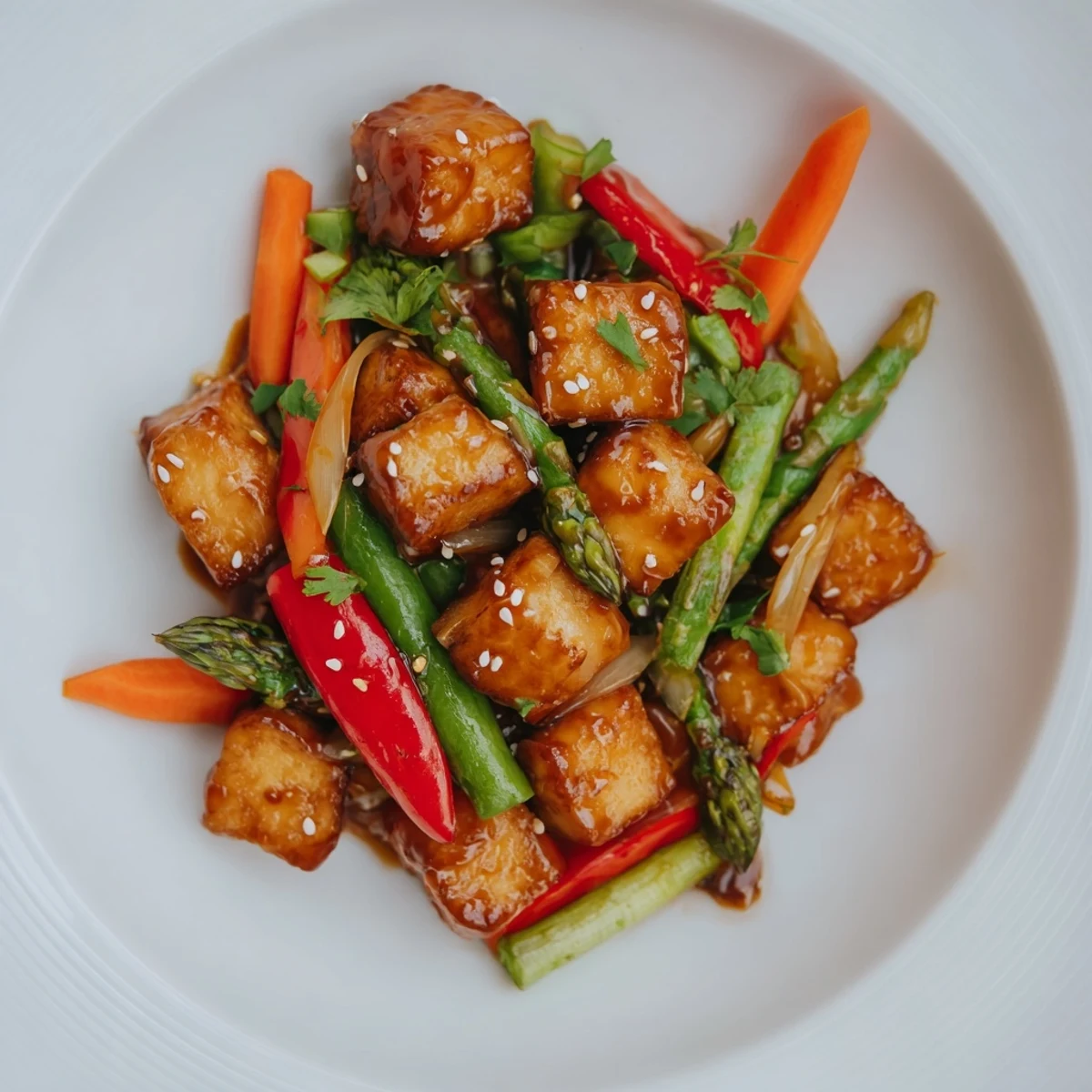 Freshly cooked Spring Vegetable Stir Fry with Tofu garnished with sesame seeds and green onions on a rustic plate.