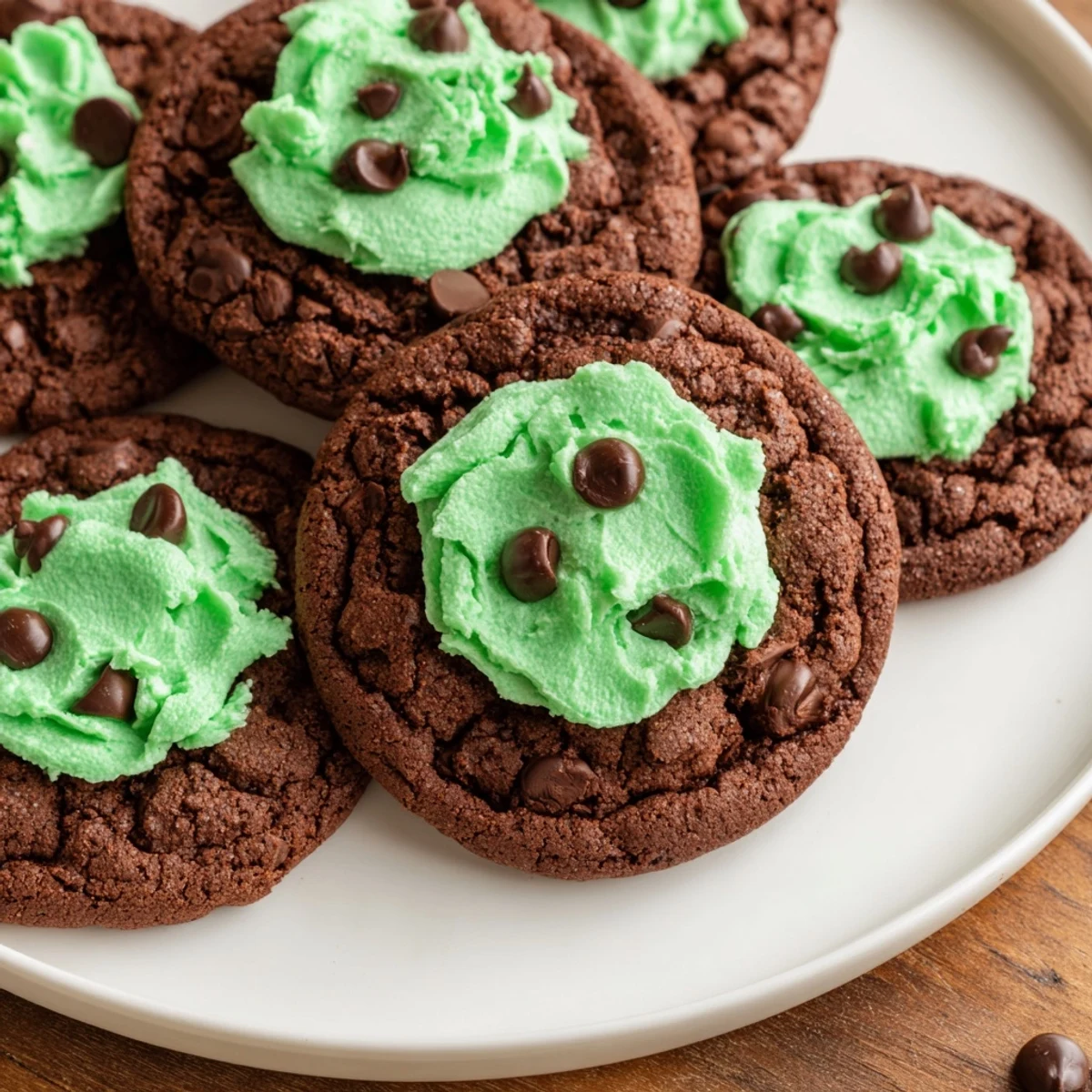 Freshly baked Chocolate Mint Cookies with vibrant green frosting are stacked high, with a chewy texture and a hint of refreshing mint.