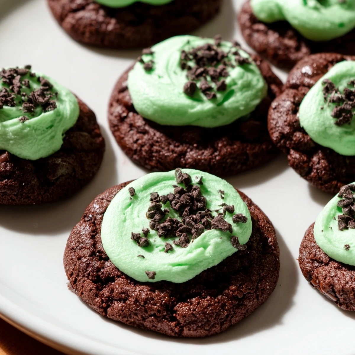 On a rustic plate, these Chocolate Mint Cookies are ready to serve, alongside a cold glass of milk.