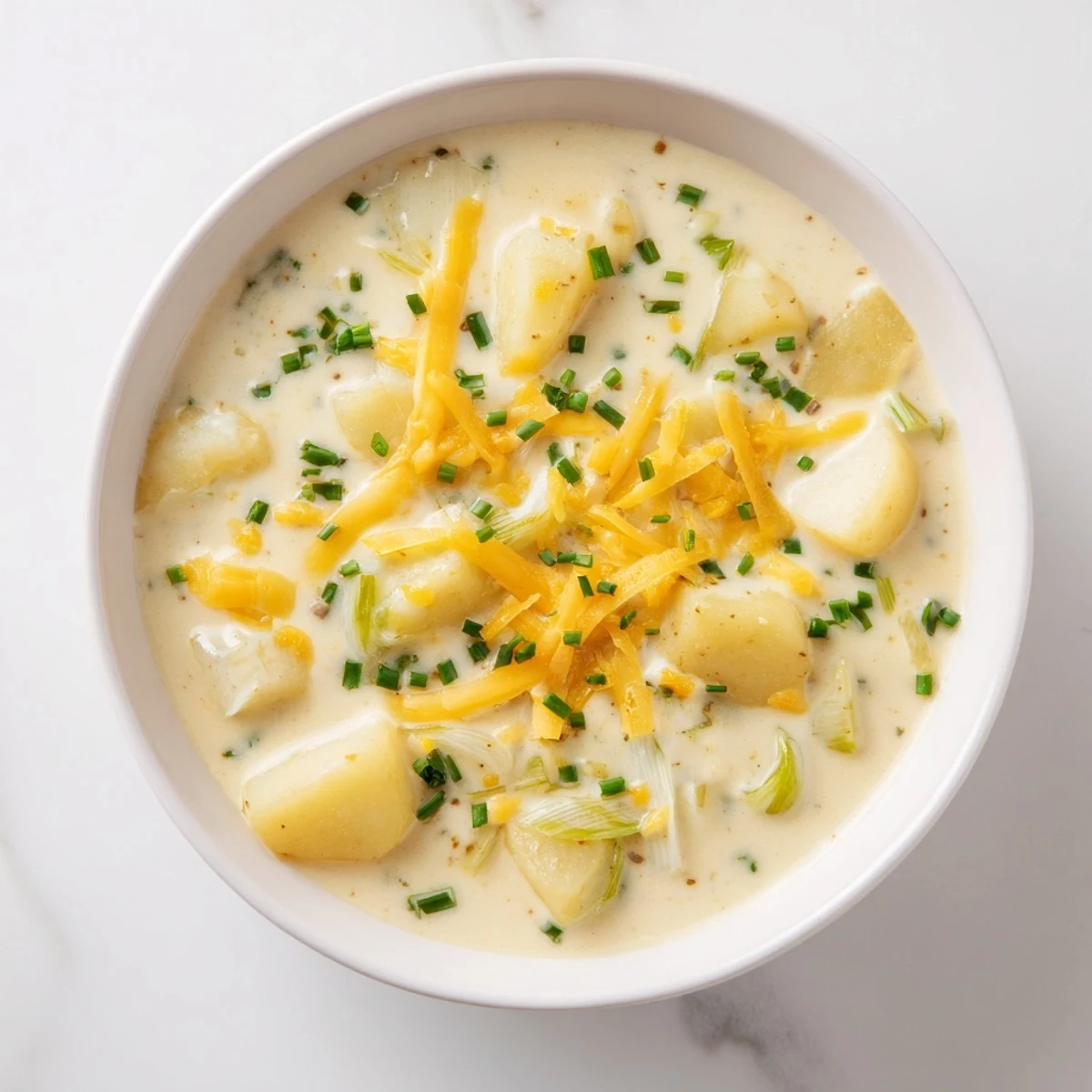 A bowl of creamy Irish Potato Leek Soup with Cheddar garnished with fresh chives, steaming gently.