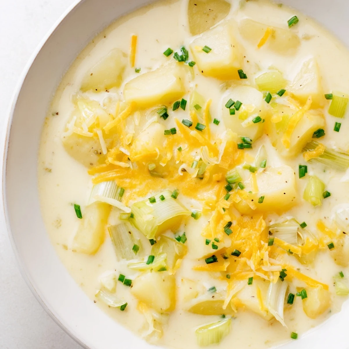 A rustic mug of Irish Potato Leek Soup with Cheddar beside crusty bread, perfect for cozy lunches.
