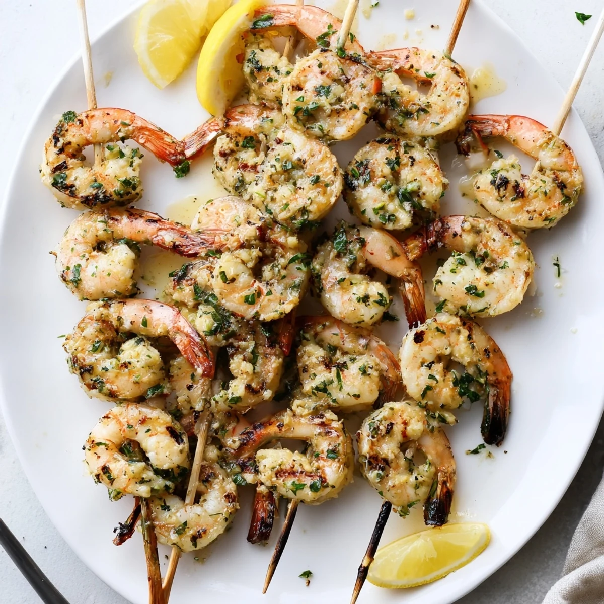 Grilled Lemon Garlic Shrimp Skewers on a platter with fresh parsley and lemon wedges.