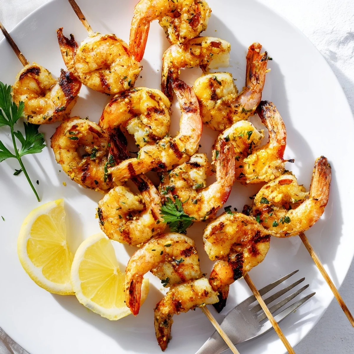 Lemon Garlic Shrimp Skewers being served over a bed of rice with grilled vegetables.