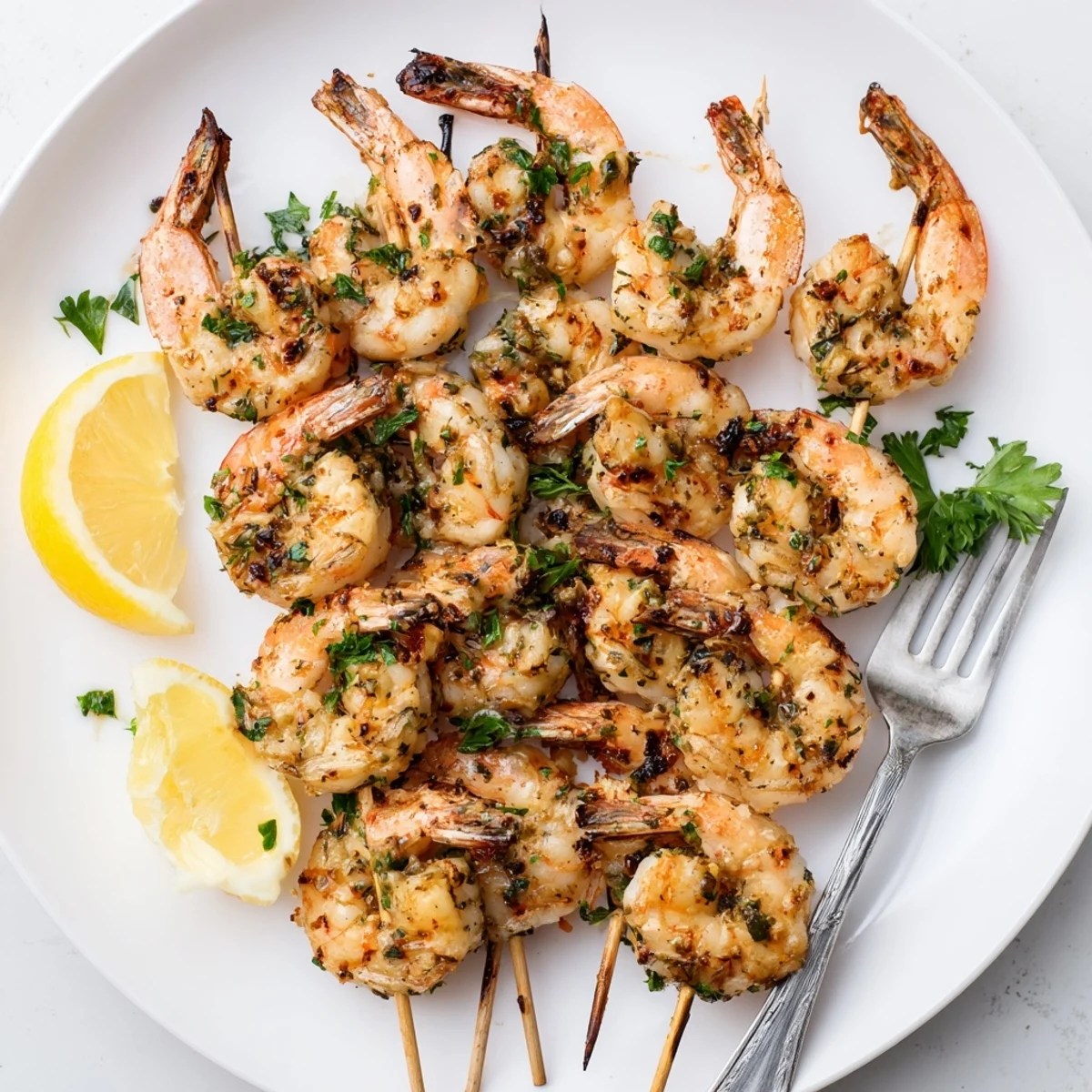 Sizzling Lemon Garlic Shrimp Skewers fresh off the grill with a charred, smoky finish.