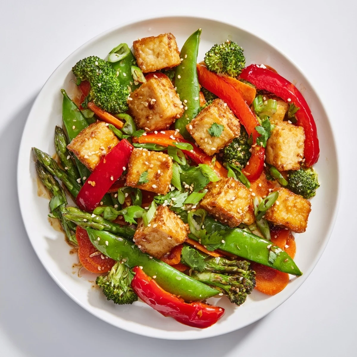 Golden, crispy tofu cubes and vibrant spring vegetables like asparagus and snap peas tossed in a glossy sauce.
