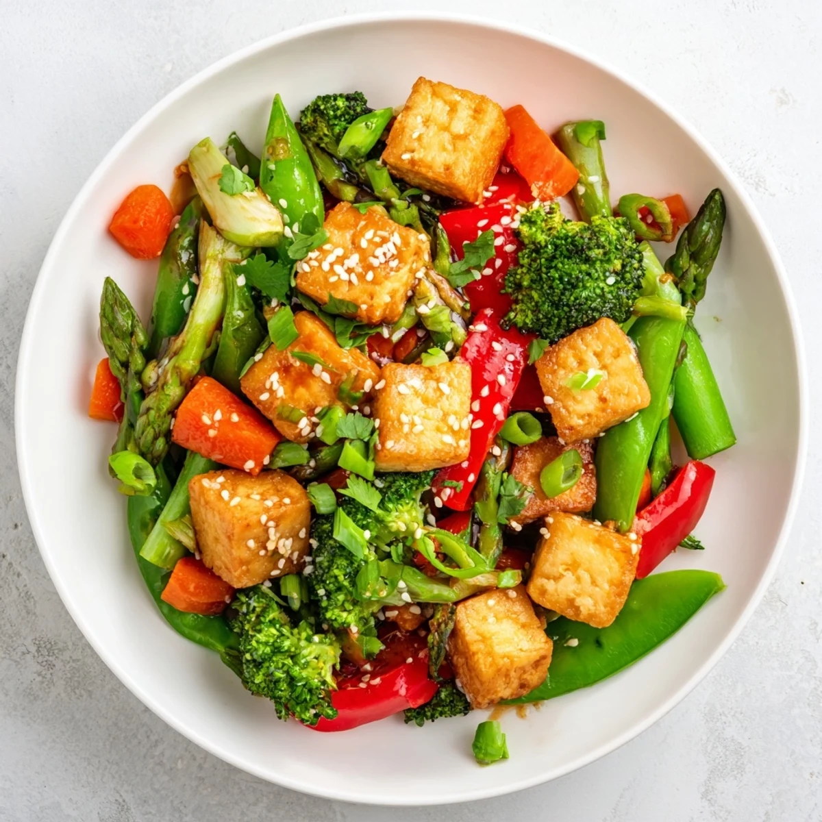 A healthy Spring Vegetable Stir Fry with Tofu served hot over a bowl of steamed white rice.