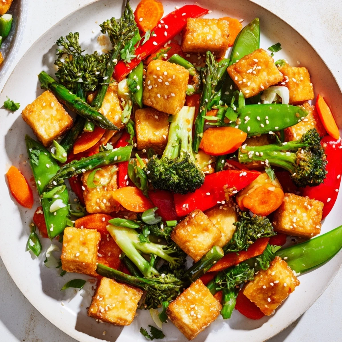 Colorful stir fry featuring red bell peppers and broccoli florets with tofu, garnished with sesame seeds and herbs.