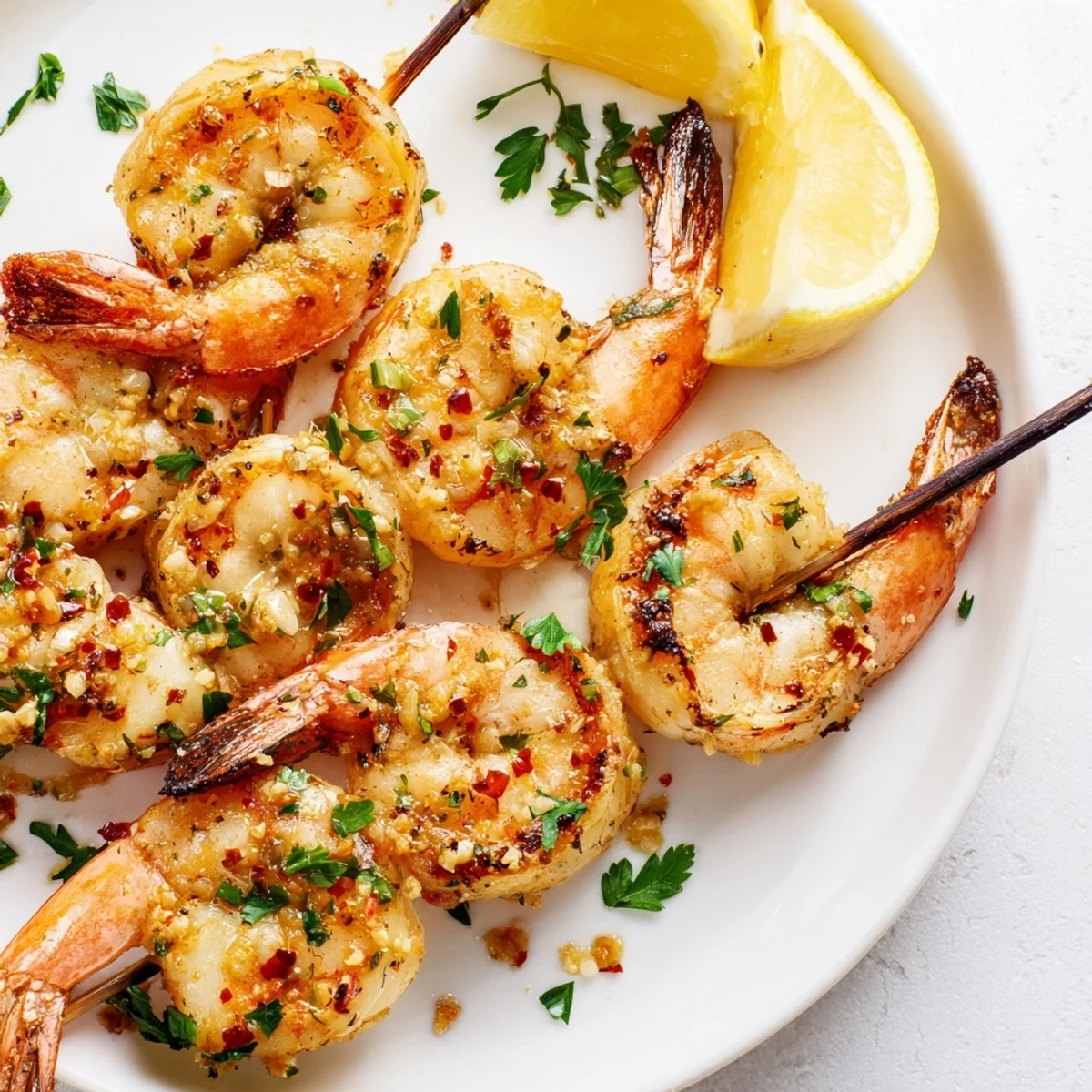 Lemon Garlic Shrimp Skewers with Parsley are served hot with lemon wedges and fresh parsley.
