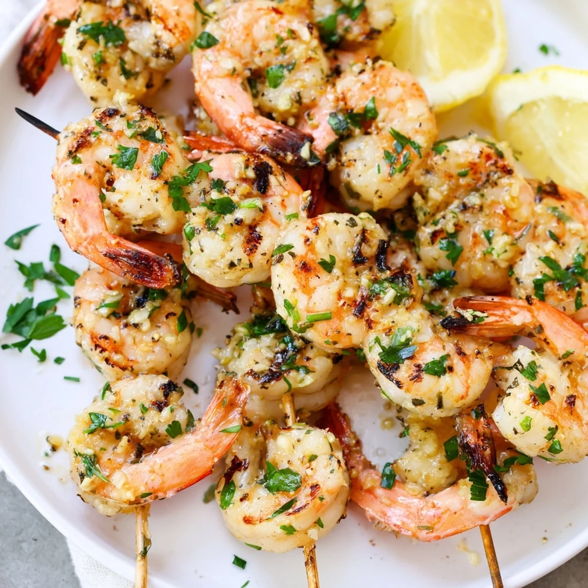 Tender Lemon Garlic Shrimp Skewers with Parsley are charred on the grill and garnished beautifully.