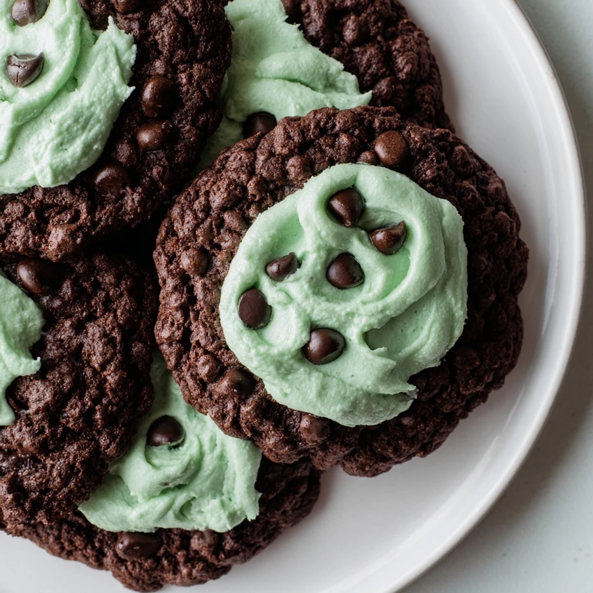 A close-up of Chocolate Mint Cookies showing creamy green frosting and chocolate chips.