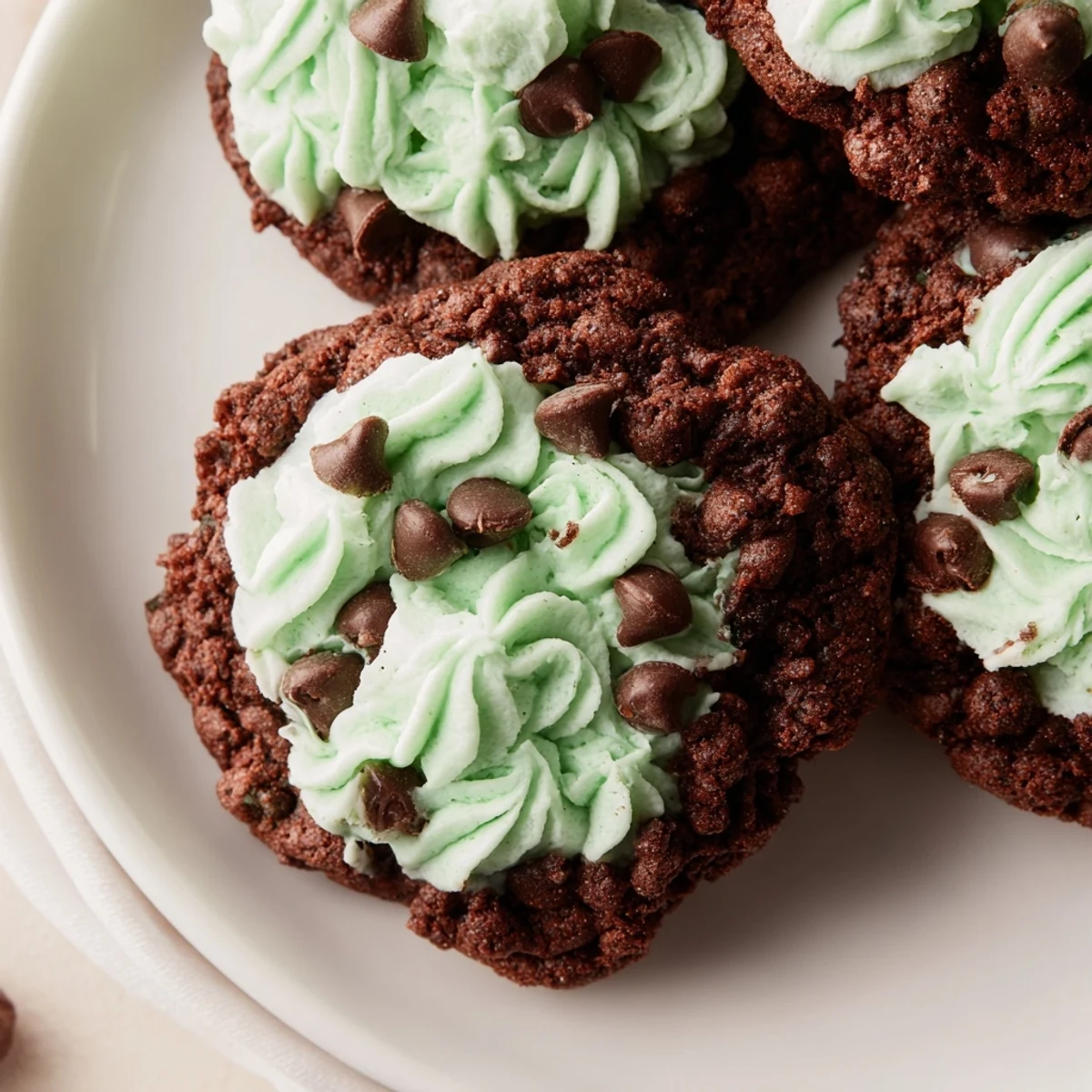 Warm Chocolate Mint Cookies on a cooling rack with fresh mint leaves nearby.