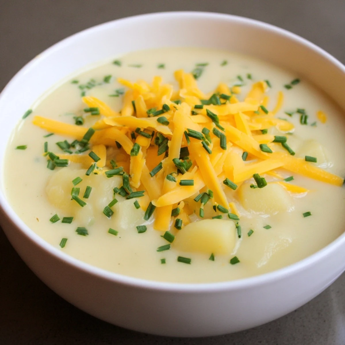 A bowl of Irish Potato Leek Soup with Sharp Cheddar garnished with melted cheese and a side of crusty bread.