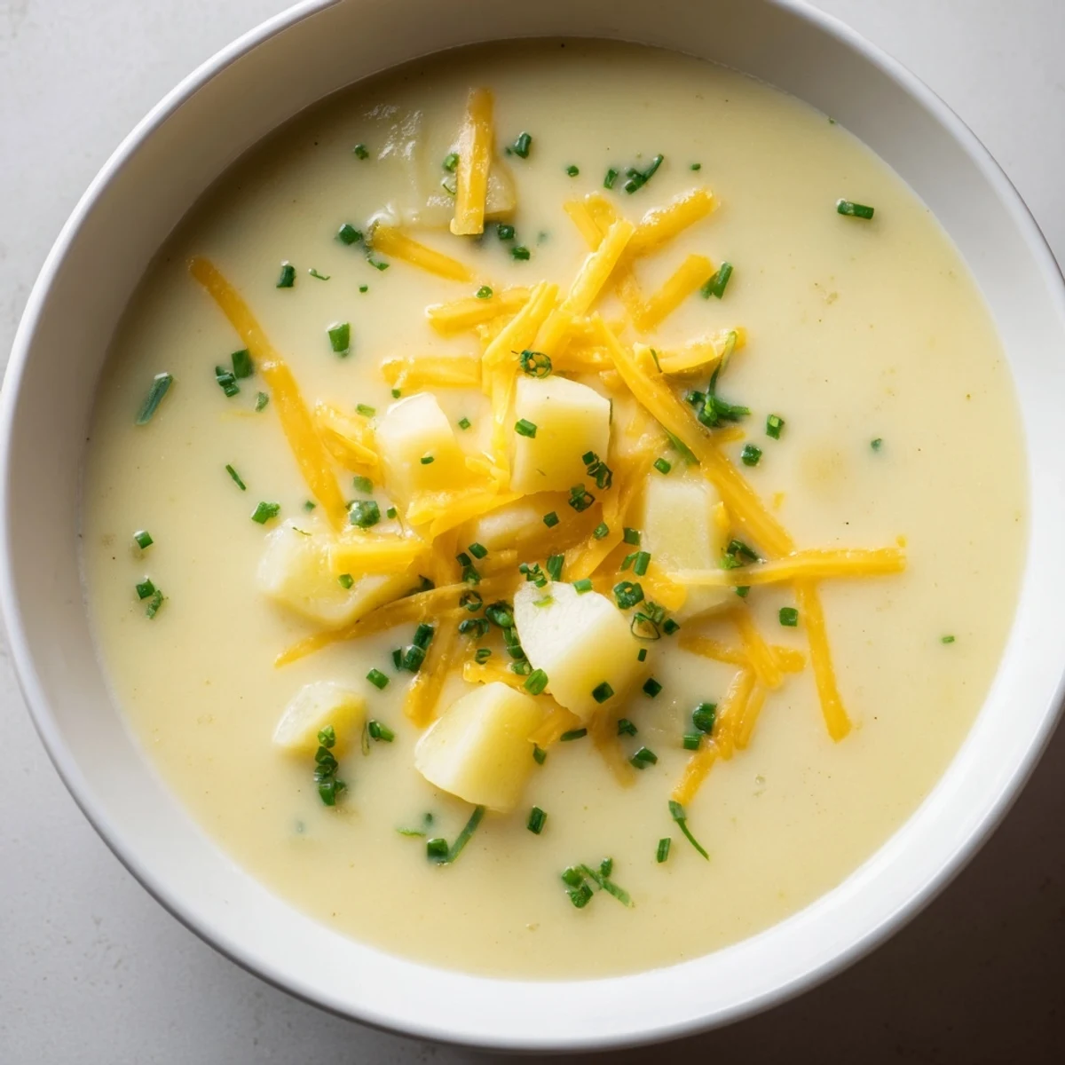 Creamy Irish Potato Leek Soup with Sharp Cheddar served hot in a rustic bowl topped with fresh chives.