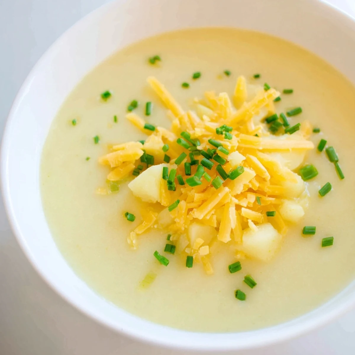 Steaming pot of Irish Potato Leek Soup with Sharp Cheddar next to a ladle and fresh leeks on a table.