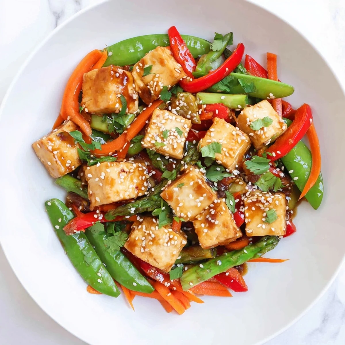 A close-up of Spring Vegetable Stir Fry with Tofu, featuring colorful bell peppers and carrots in a glossy sauce.