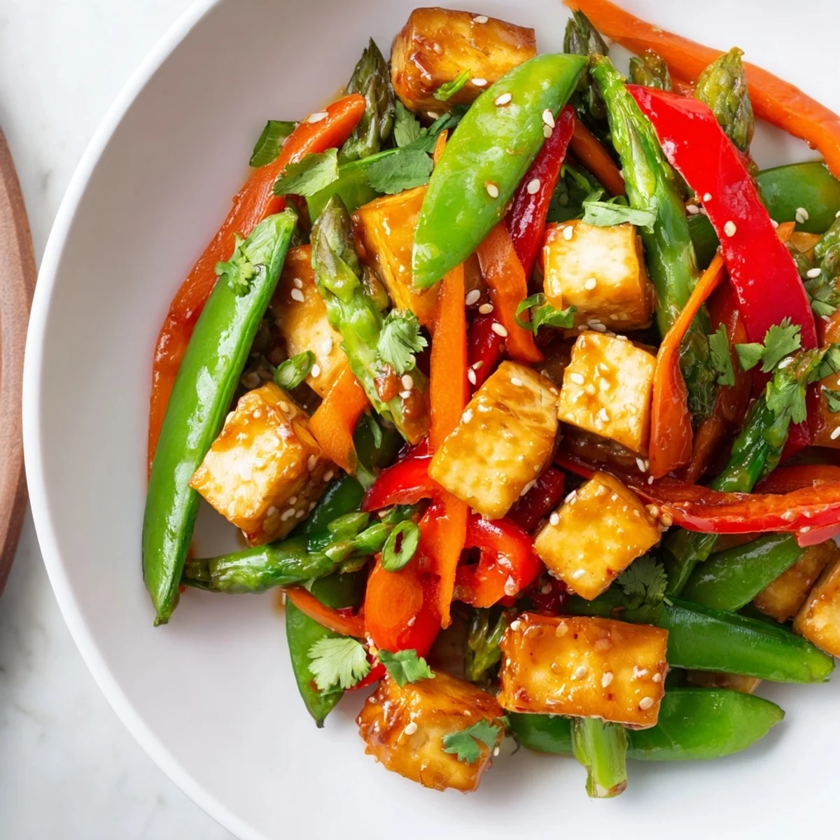 Golden-brown tofu cubes and vibrant spring vegetables like snap peas and asparagus in the Spring Vegetable Stir Fry with Tofu.