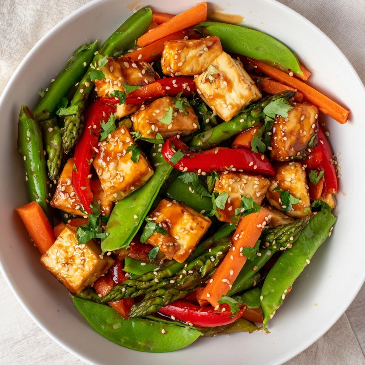 Served over jasmine rice, the Spring Vegetable Stir Fry with Tofu is garnished with sesame seeds and fresh cilantro.