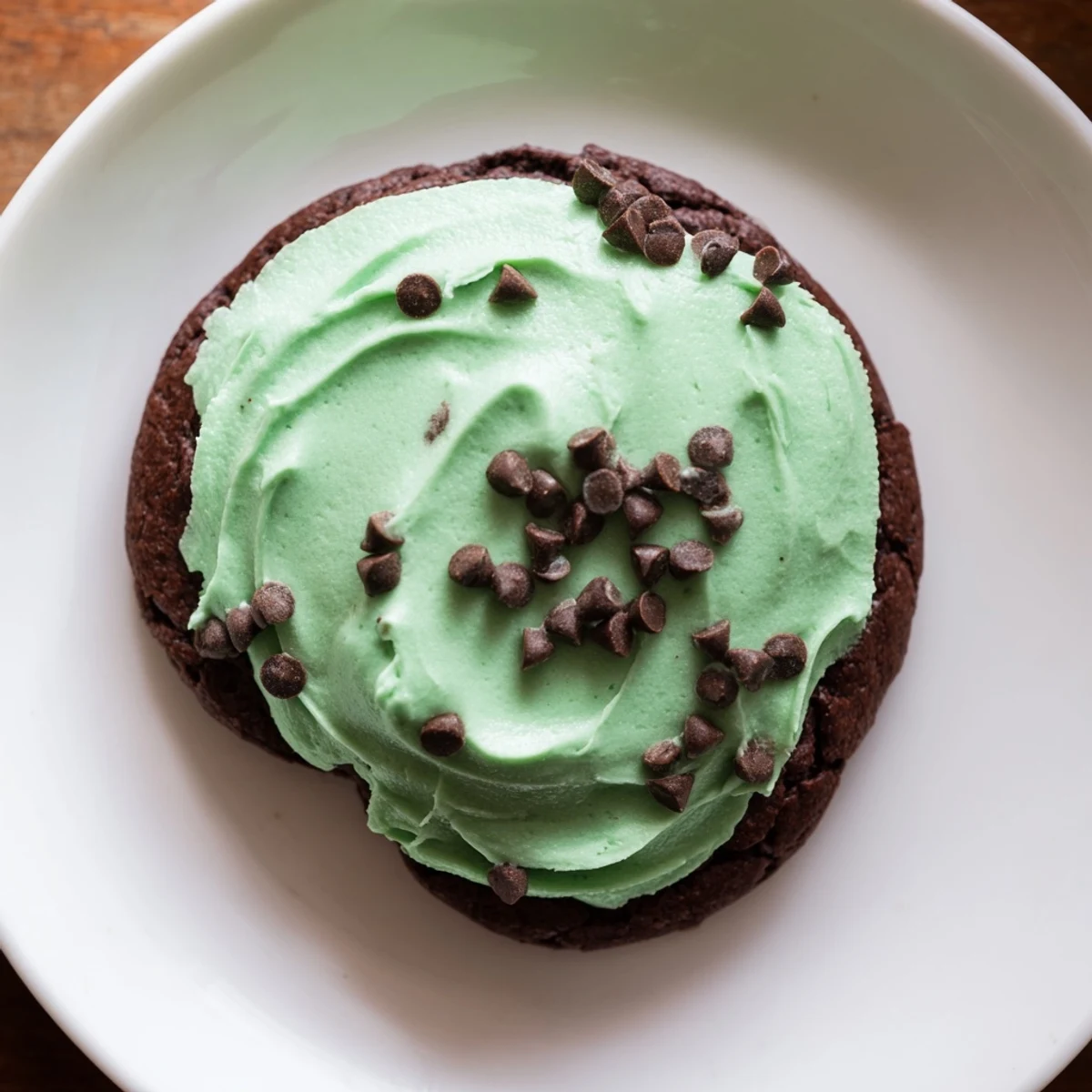 A close-up of Chocolate Mint Cookies with Green Frosting showing moist crumb and creamy green topping on a rustic wood table.