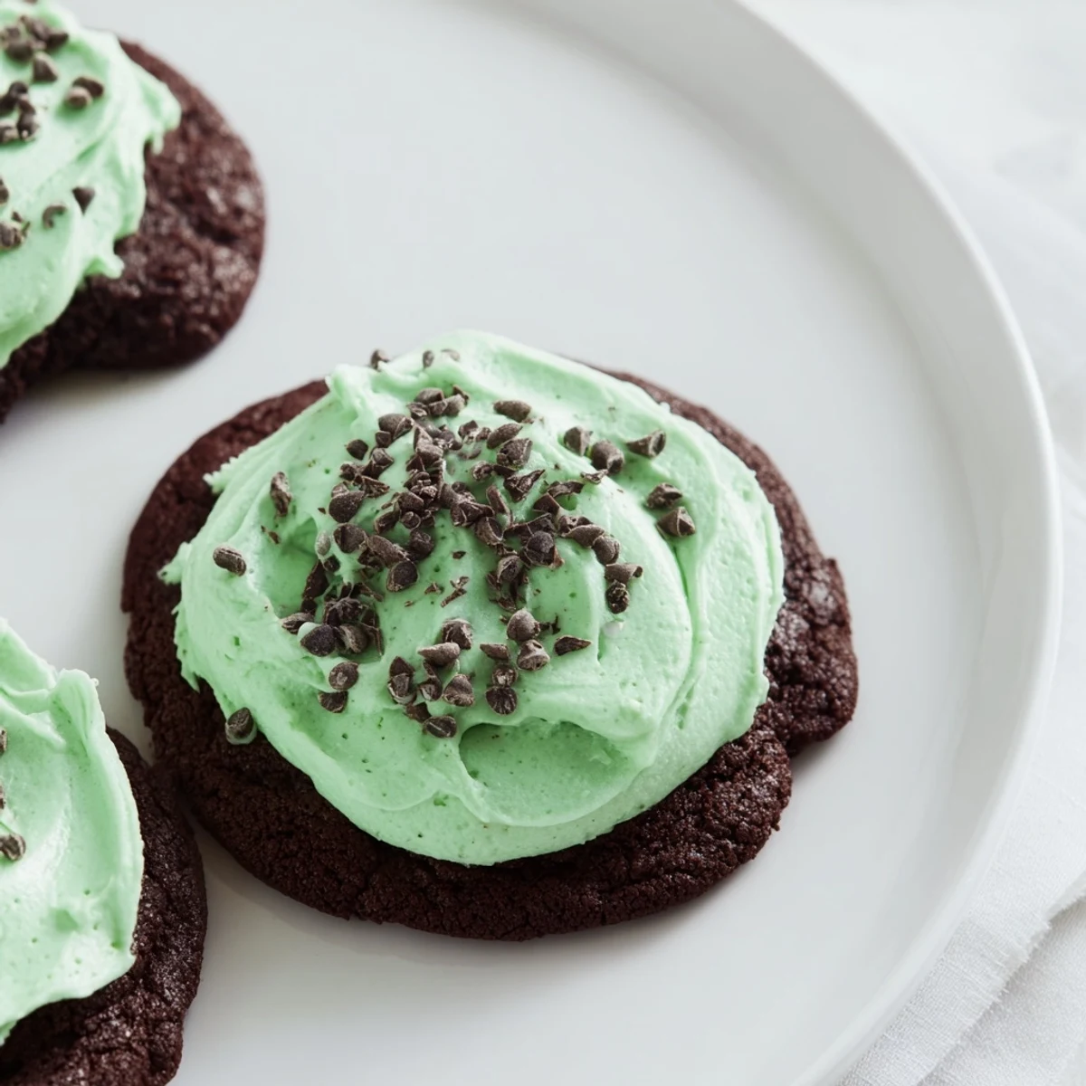 Soft-baked Chocolate Mint Cookies with Green Frosting are stacked on a cooling rack beside fresh mint leaves for garnish.