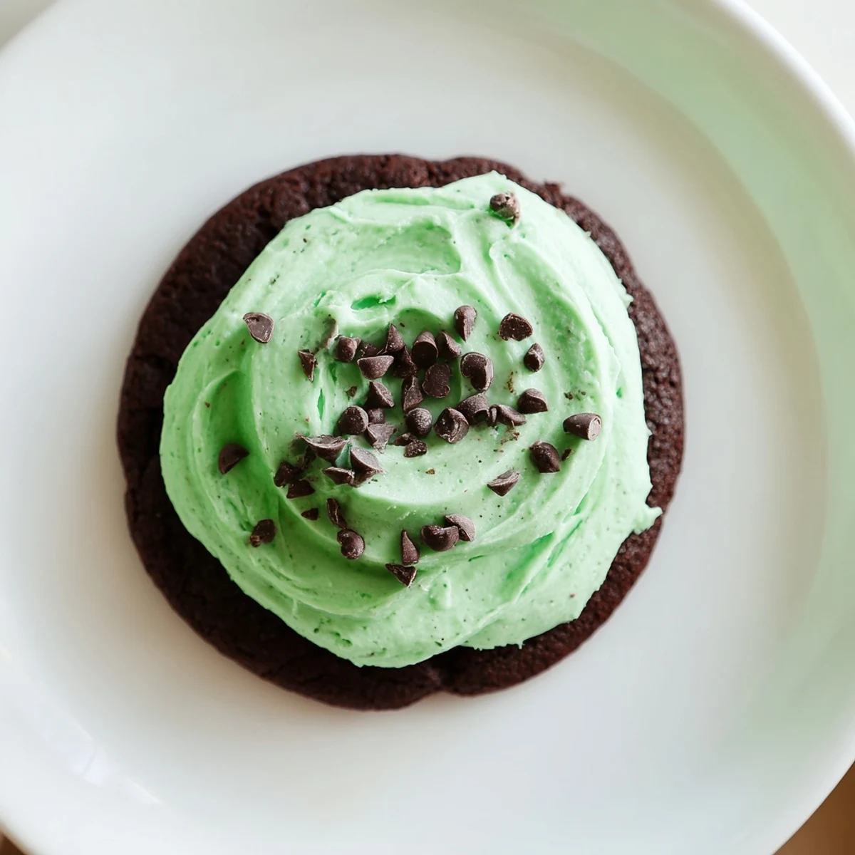 Five fresh Chocolate Mint Cookies with Green Frosting are arranged on a white plate, with a glass of milk nearby.