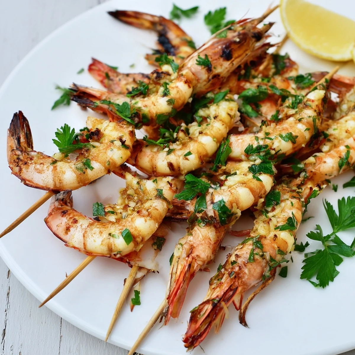 Grilled Lemon Garlic Shrimp Skewers with Parsley glisten on a plate with lemon wedges, ready to serve.