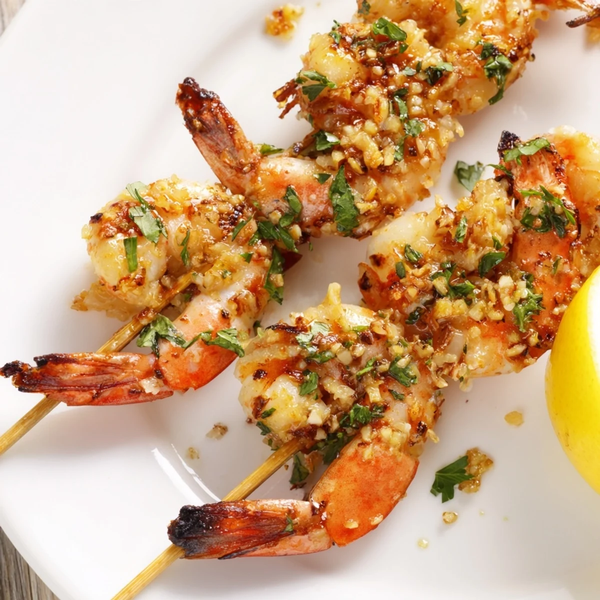 Lemon Garlic Shrimp Skewers with Parsley sizzle on a grill, releasing a zesty garlic and citrus aroma.