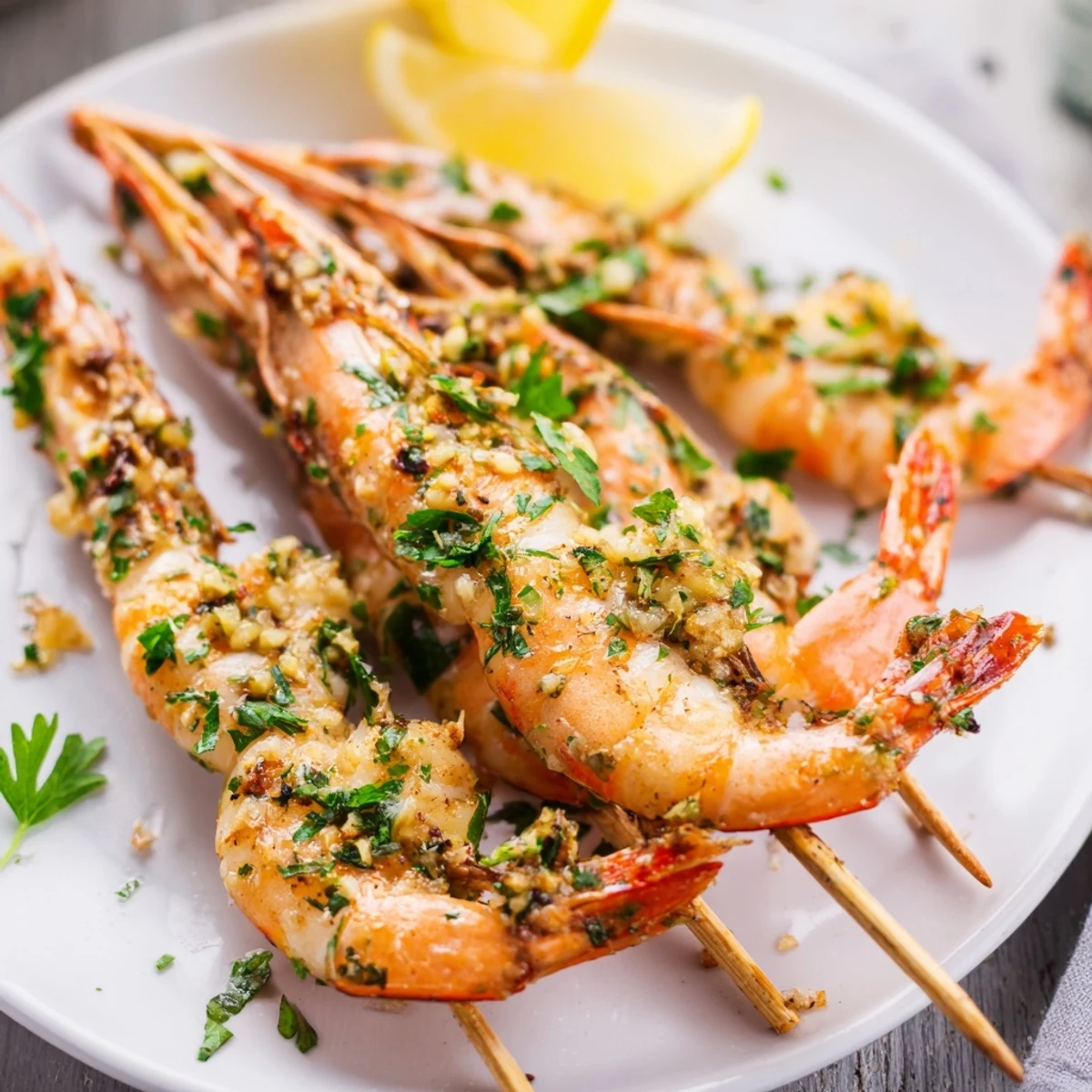 Lemon Garlic Shrimp Skewers with Parsley arranged over a fresh salad, topped with chopped herbs and lemon wedges.