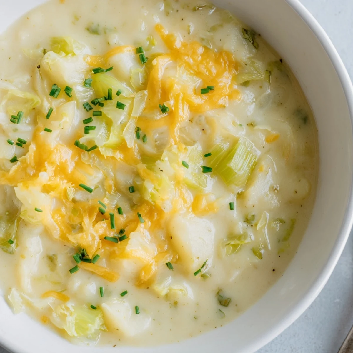 Close-up of creamy Irish Potato Leek Soup with Sharp Cheddar, showing its velvety texture and melted cheese in a rustic bowl.