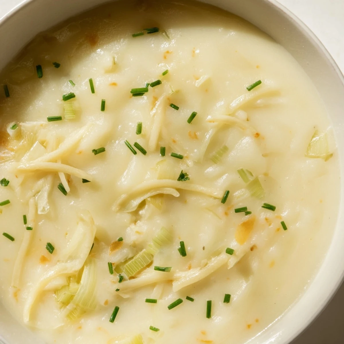 A steaming bowl of Irish Potato Leek Soup with Sharp Cheddar, garnished with fresh chives, served alongside crusty bread.