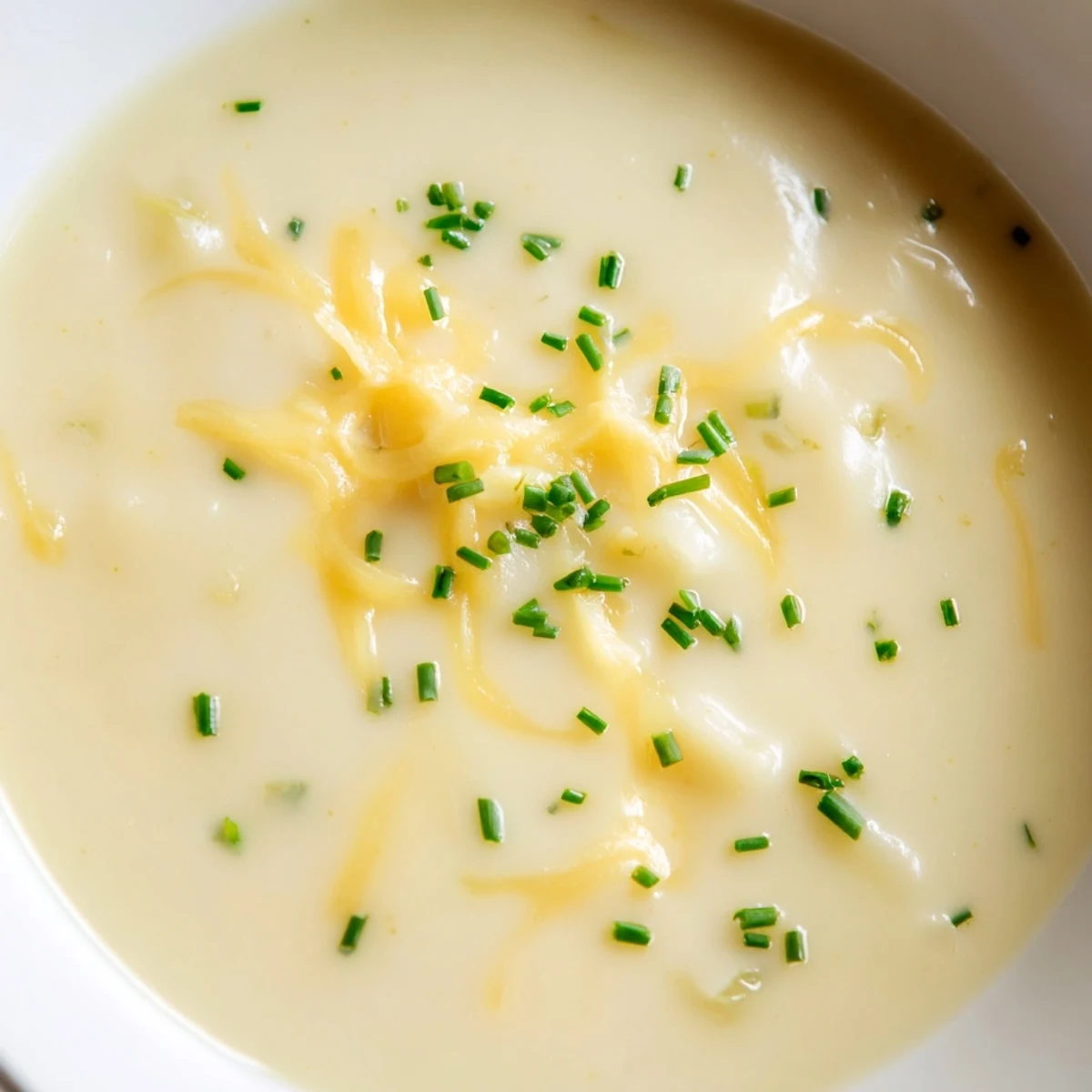 Golden-hued Irish Potato Leek Soup with Sharp Cheddar, topped with extra grated cheddar and chopped chives for a cozy meal.