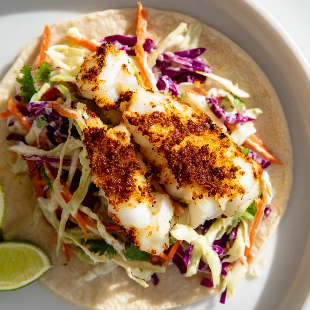 Cajun Spiced Fish Tacos with Cabbage Slaw served warm with flaky fish and crisp slaw on a plate.