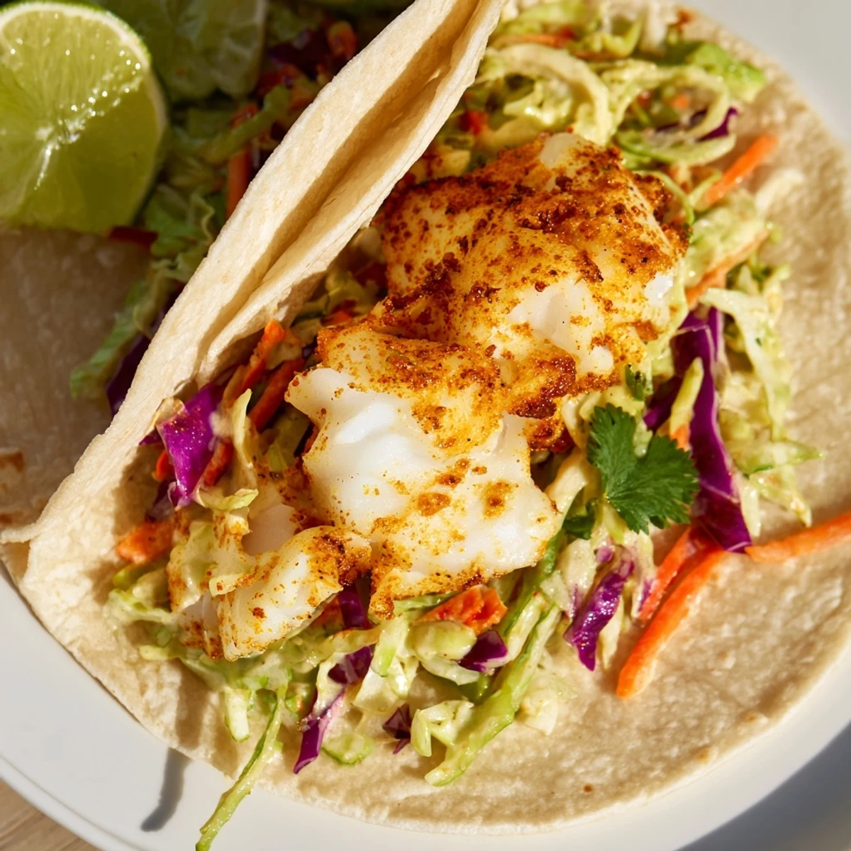 Close-up of Cajun Spiced Fish Tacos with Cabbage Slaw showing tangy slaw and lime wedges on side.