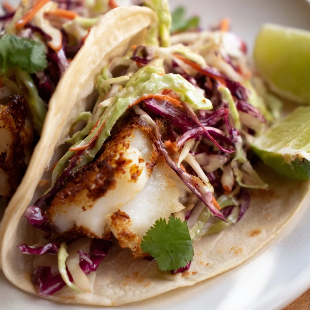 Golden Cajun Spiced Fish Tacos with Cabbage Slaw topped with avocado slices and fresh cilantro garnish.