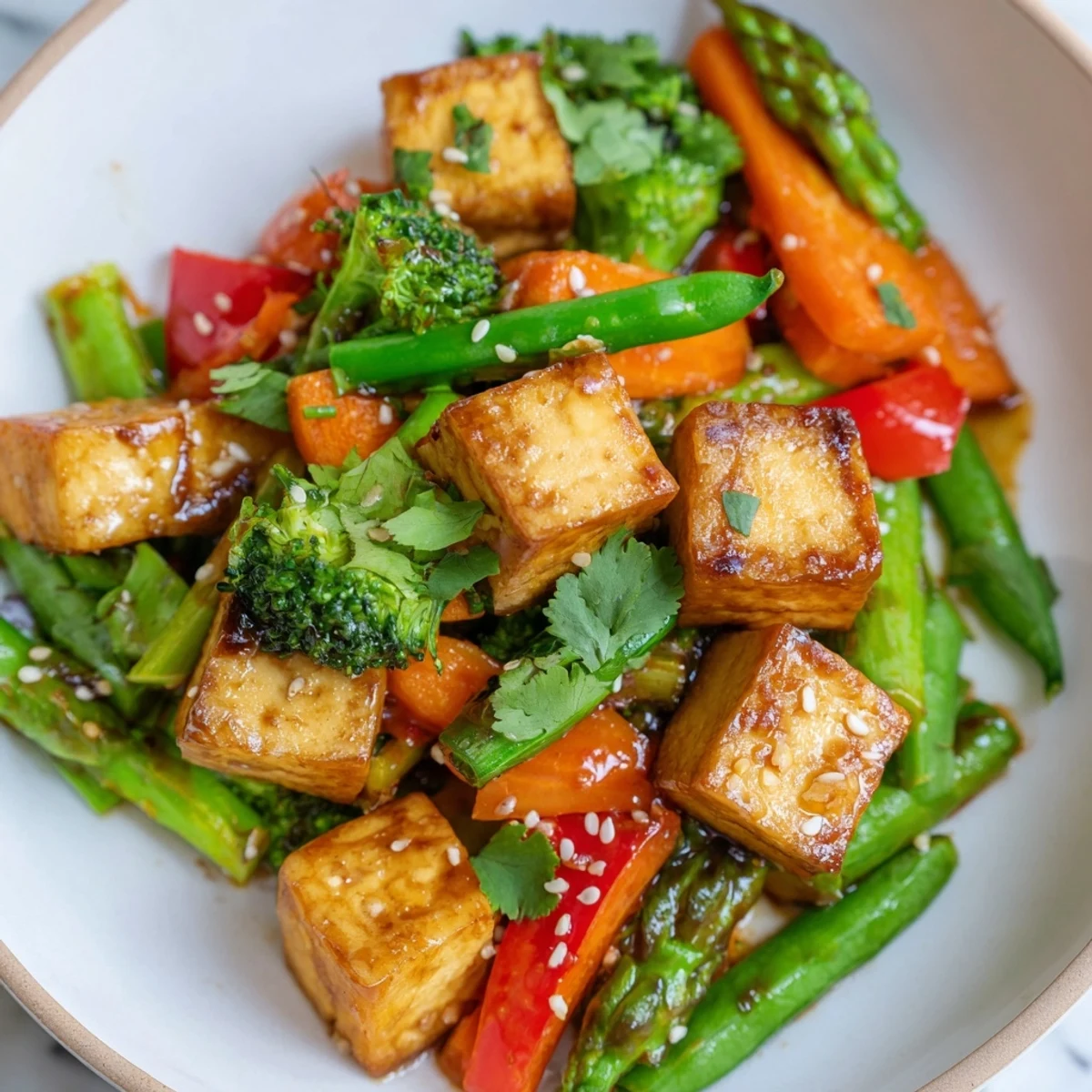Golden pan-seared tofu cubes and crisp spring vegetables like asparagus and snap peas glisten in a light sauce in this Spring Vegetable Stir Fry with Tofu.