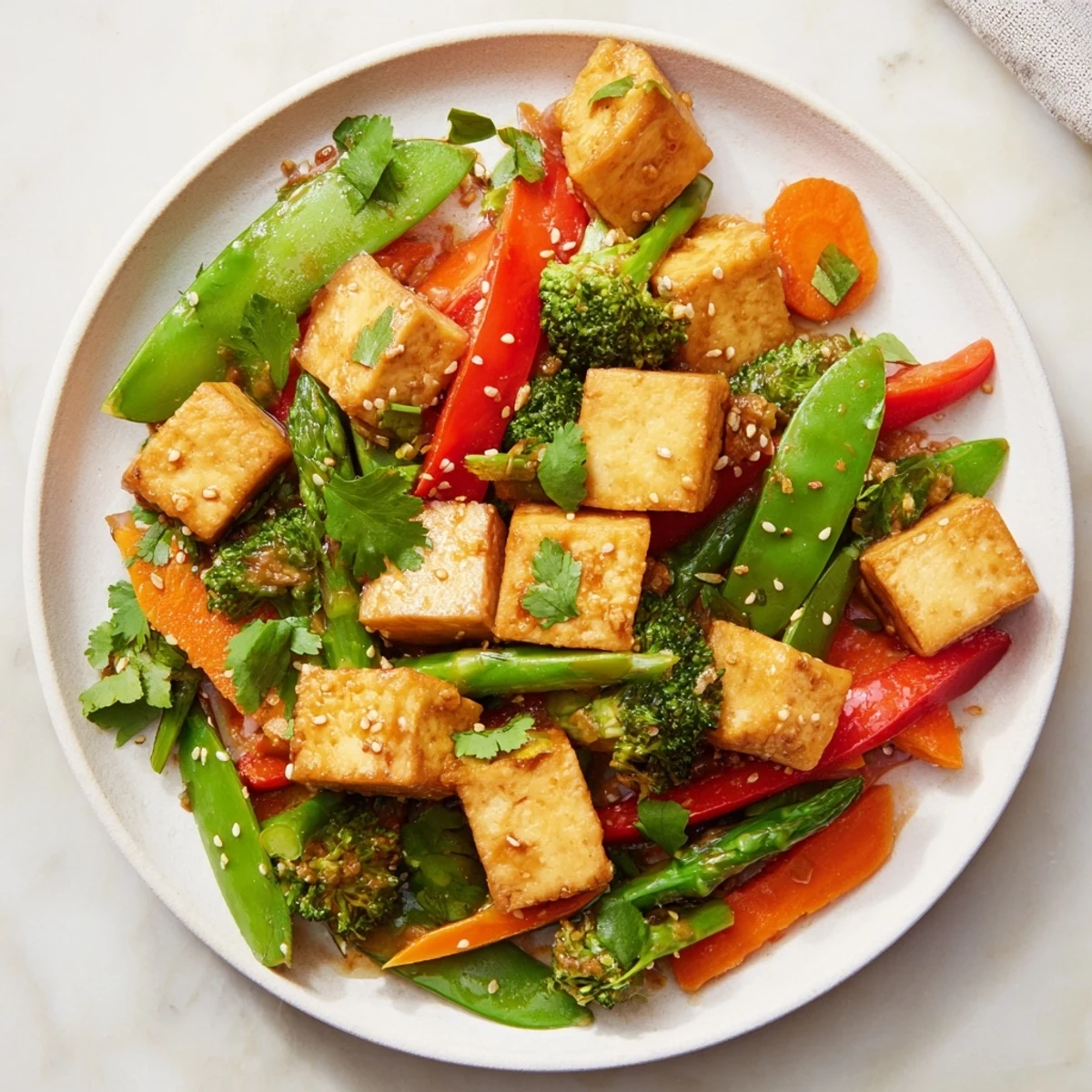 A close-up view highlights the textures of crunchy broccoli, sweet carrots, and tender tofu in a savory Asian-inspired Spring Vegetable Stir Fry.
