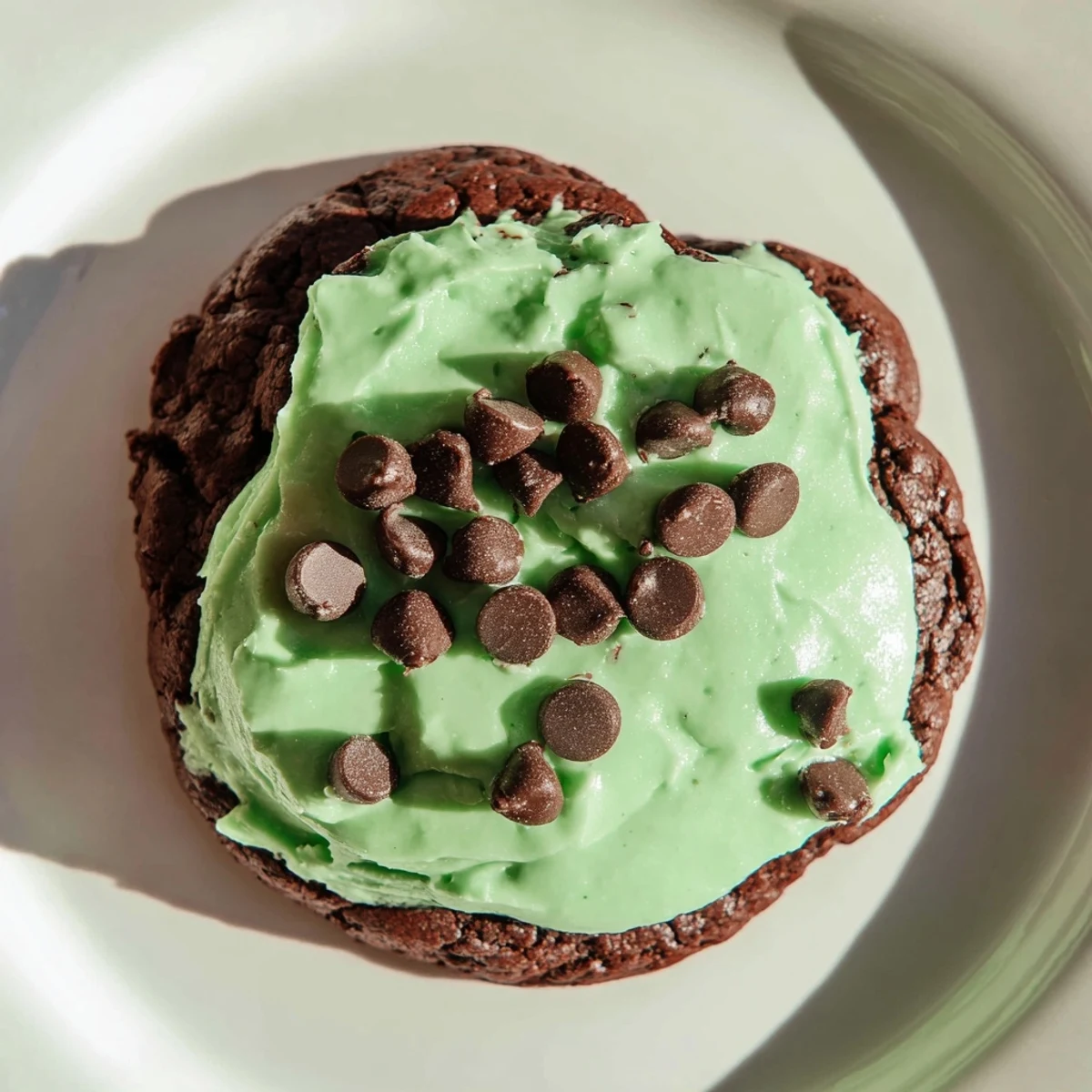 A close-up of Chocolate Mint Cookies topped with glossy green mint frosting on a rustic wooden board.