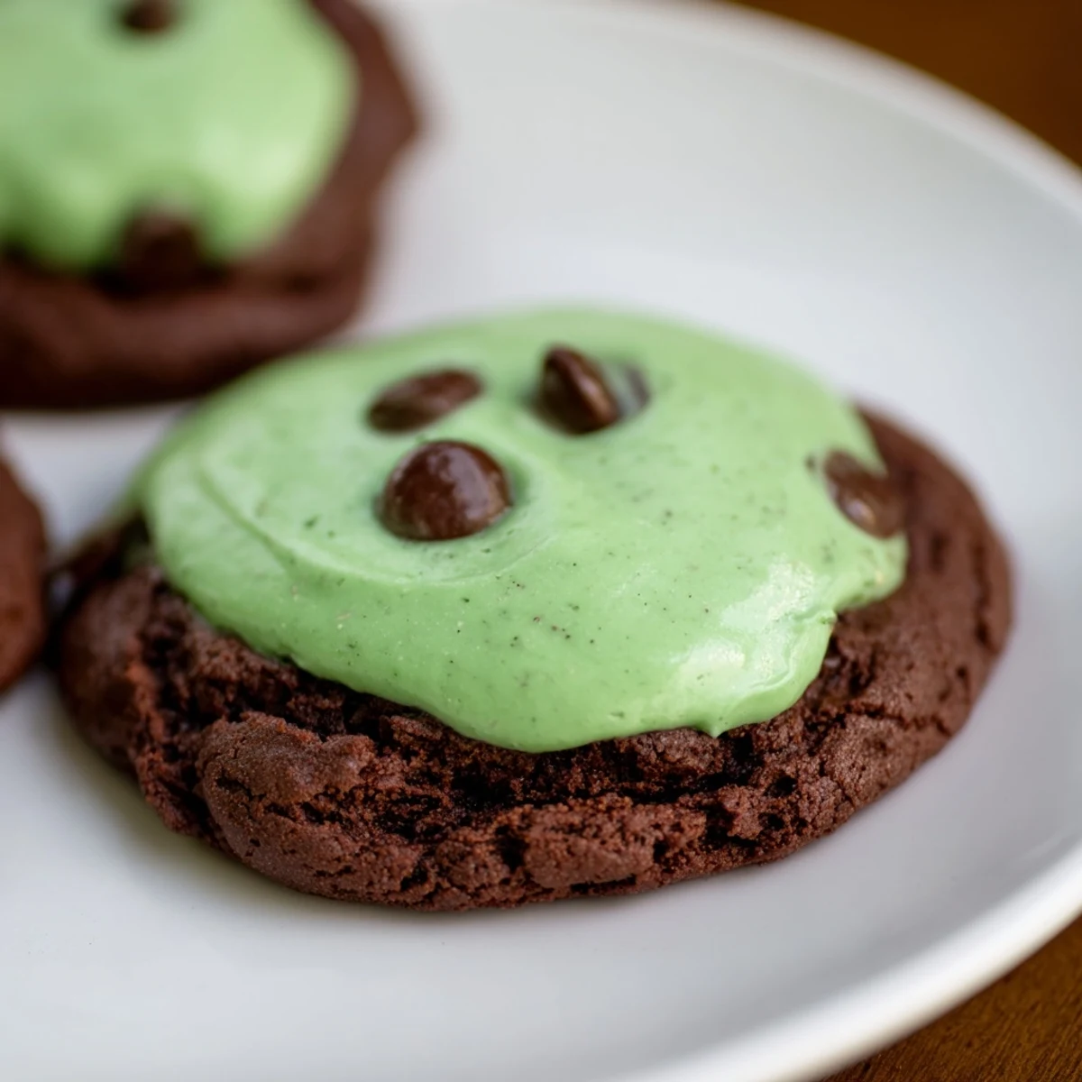 Freshly baked Chocolate Mint Cookies with vibrant green frosting are displayed on a cooling rack in a bright kitchen.