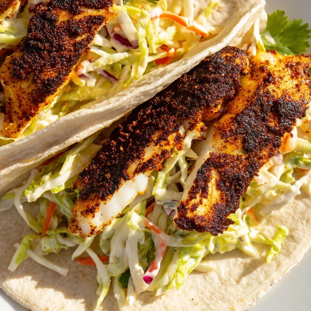 Freshly grilled Cajun Spiced Fish Tacos with Slaw displayed on a wooden board, lime wedges and cilantro garnish.