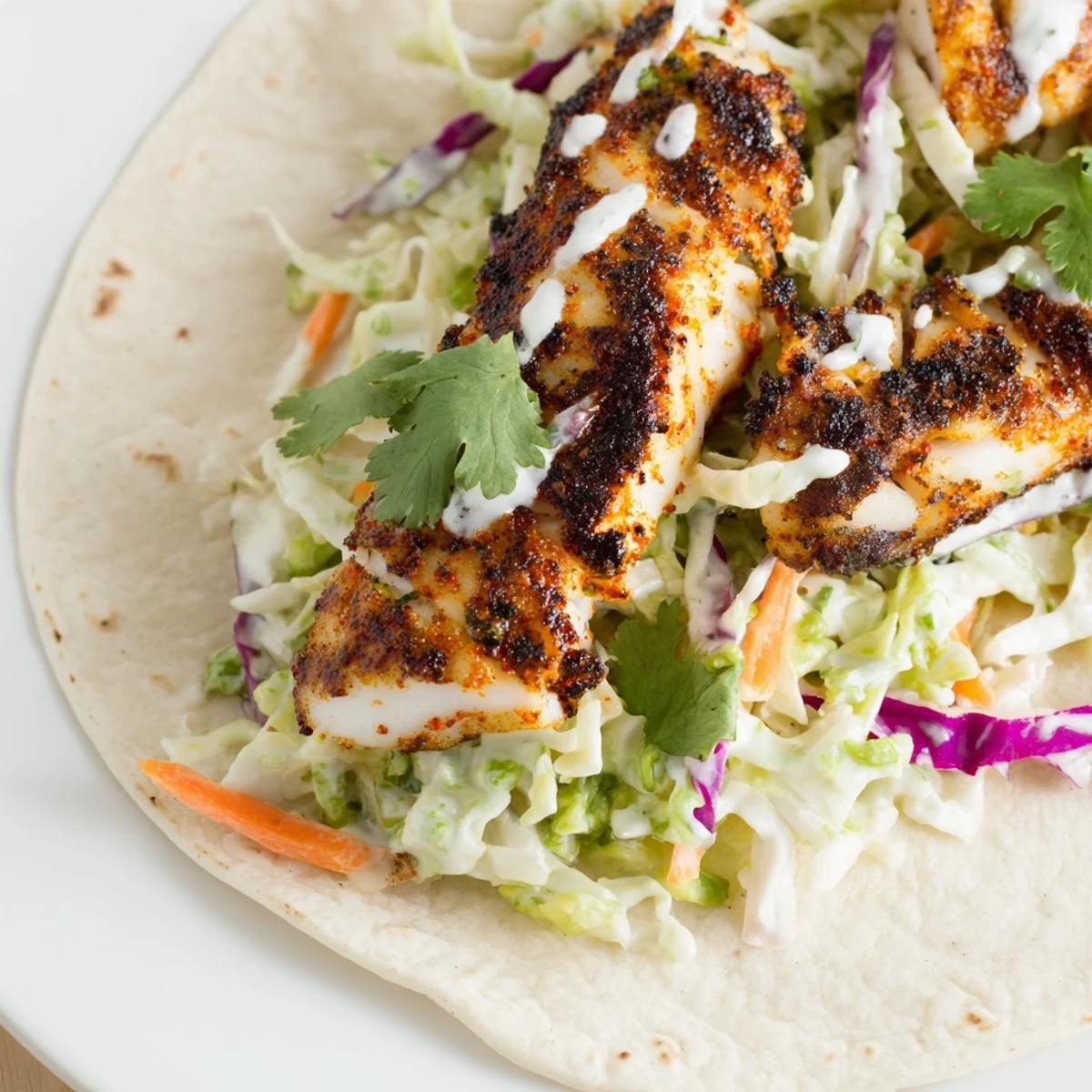 Four warm corn tortillas holding Cajun Spiced Fish Tacos with Slaw, served on a rustic plate with jalapeños.