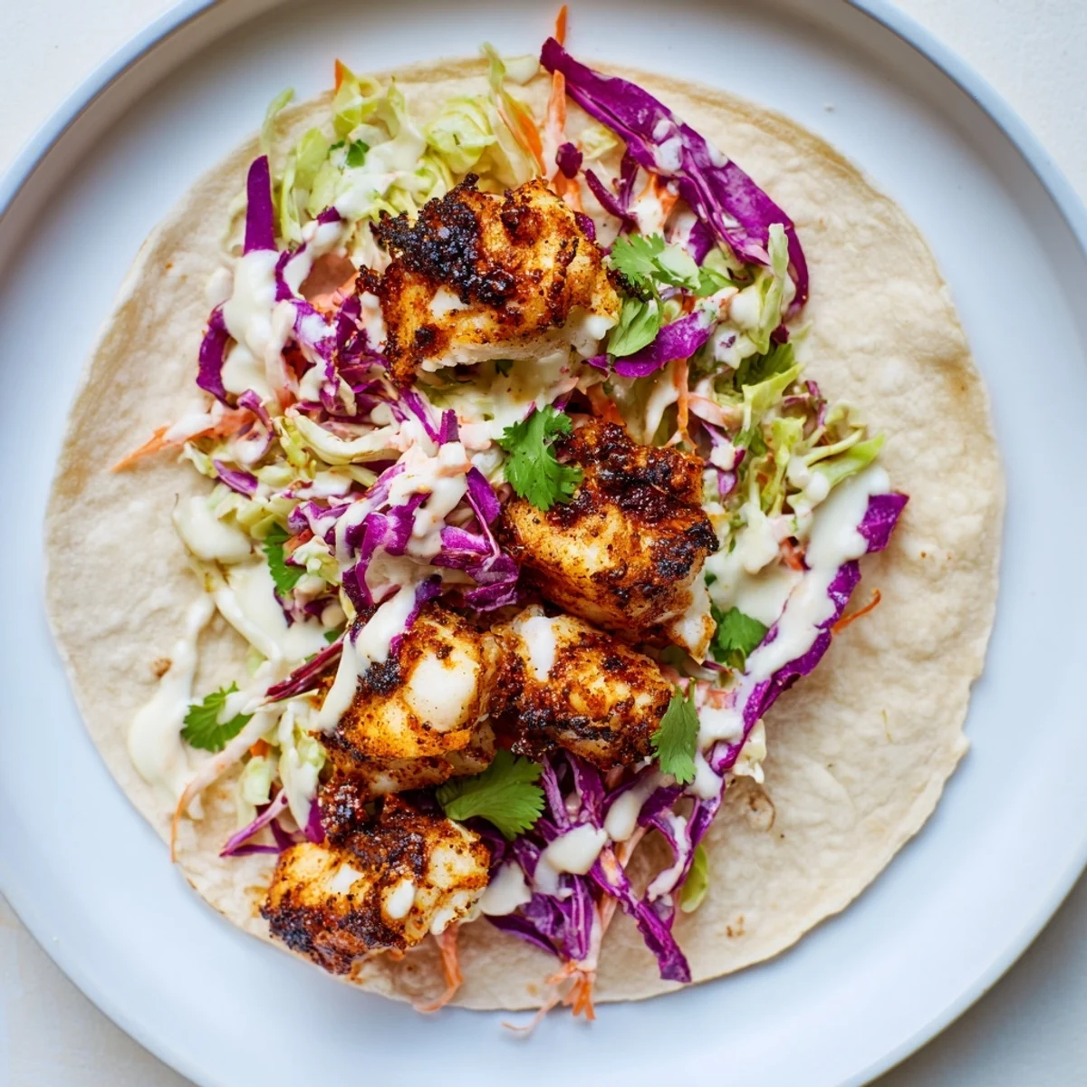 A close-up of Cajun Spiced Fish Tacos with Slaw, highlighting the charred fish and creamy slaw filling.
